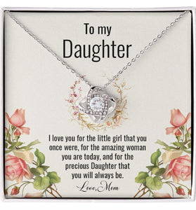 Lifestyle Gear, LLC's Love Knot Necklace - A symbol of love for daughters. Crafted with premium CZ crystals and available in 14k white gold or 18k yellow gold over stainless steel. Adjustable chain length from 18" to 22