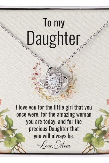 Lifestyle Gear, LLC's Love Knot Necklace - A symbol of love for daughters. Crafted with premium CZ crystals and available in 14k white gold or 18k yellow gold over stainless steel. Adjustable chain length from 18