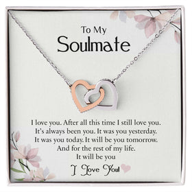 Lifestyle Gear, LLC's I Love You Interlocking Hearts Necklace - Two hearts adorned with cubic zirconia crystals, polished in surgical steel and rose gold or 18k yellow gold. Adjustable length and secured with a lobster clasp, perfect for everyday elegance.